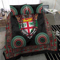 Fiji Coat of Arms Traditional Dashiki Bedding Set Tapa Art and Palm Leaves Pattern Black Color - Polynesian Pride