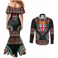 Fiji Coat of Arms Traditional Dashiki Couples Matching Mermaid Dress and Long Sleeve Button Shirt Tapa Art and Palm Leaves Pattern Black Color - Polynesian Pride