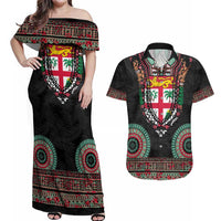 Fiji Coat of Arms Traditional Dashiki Couples Matching Off Shoulder Maxi Dress and Hawaiian Shirt Tapa Art and Palm Leaves Pattern Black Color - Polynesian Pride