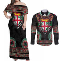 Fiji Coat of Arms Traditional Dashiki Couples Matching Off Shoulder Maxi Dress and Long Sleeve Button Shirt Tapa Art and Palm Leaves Pattern Black Color - Polynesian Pride