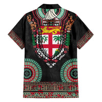 Fiji Coat of Arms Traditional Dashiki Family Matching Off Shoulder Maxi Dress and Hawaiian Shirt Tapa Art and Palm Leaves Pattern Black Color - Polynesian Pride