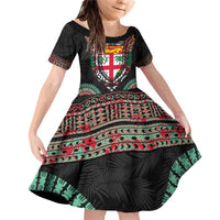 Fiji Coat of Arms Traditional Dashiki Family Matching Off Shoulder Short Dress and Hawaiian Shirt Tapa Art and Palm Leaves Pattern Black Color - Polynesian Pride