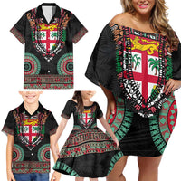 Fiji Coat of Arms Traditional Dashiki Family Matching Off Shoulder Short Dress and Hawaiian Shirt Tapa Art and Palm Leaves Pattern Black Color - Polynesian Pride