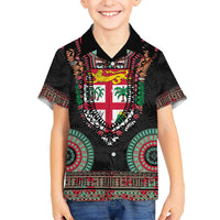 Fiji Coat of Arms Traditional Dashiki Hawaiian Shirt Tapa Art and Palm Leaves Pattern Black Color - Polynesian Pride