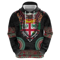 Fiji Coat of Arms Traditional Dashiki Hoodie Tapa Art and Palm Leaves Pattern Black Color - Polynesian Pride