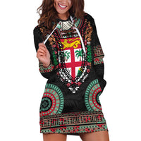 Fiji Coat of Arms Traditional Dashiki Hoodie Dress Tapa Art and Palm Leaves Pattern Black Color - Polynesian Pride