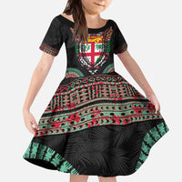 Fiji Coat of Arms Traditional Dashiki Kid Short Sleeve Dress Tapa Art and Palm Leaves Pattern Black Color - Polynesian Pride