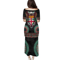 Fiji Coat of Arms Traditional Dashiki Puletasi Tapa Art and Palm Leaves Pattern Black Color - Polynesian Pride
