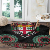 Fiji Coat of Arms Traditional Dashiki Round Carpet Tapa Art and Palm Leaves Pattern Black Color - Polynesian Pride