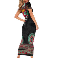 Fiji Coat of Arms Traditional Dashiki Short Sleeve Bodycon Dress Tapa Art and Palm Leaves Pattern Black Color LT03 - Polynesian Pride