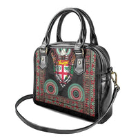 Fiji Coat of Arms Traditional Dashiki Shoulder Handbag Tapa Art and Palm Leaves Pattern Black Color - Polynesian Pride