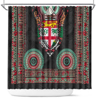 Fiji Coat of Arms Traditional Dashiki Shower Curtain Tapa Art and Palm Leaves Pattern Black Color - Polynesian Pride