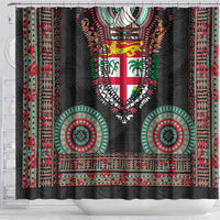 Fiji Coat of Arms Traditional Dashiki Shower Curtain Tapa Art and Palm Leaves Pattern Black Color - Polynesian Pride
