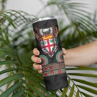 Fiji Coat of Arms Traditional Dashiki Skinny Tumbler Tapa Art and Palm Leaves Pattern Black Color LT03 - Polynesian Pride