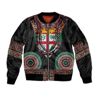 Fiji Coat of Arms Traditional Dashiki Sleeve Zip Bomber Jacket Tapa Art and Palm Leaves Pattern Black Color - Polynesian Pride