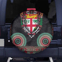 Fiji Coat of Arms Traditional Dashiki Spare Tire Cover Tapa Art and Palm Leaves Pattern Black Color - Polynesian Pride
