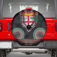 Fiji Coat of Arms Traditional Dashiki Spare Tire Cover Tapa Art and Palm Leaves Pattern Black Color - Polynesian Pride