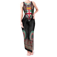 Fiji Coat of Arms Traditional Dashiki Tank Maxi Dress Tapa Art and Palm Leaves Pattern Black Color - Polynesian Pride