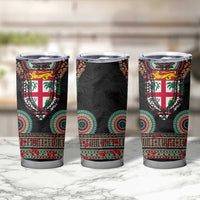 Fiji Coat of Arms Traditional Dashiki Tumbler Cup Tapa Art and Palm Leaves Pattern Black Color - Polynesian Pride