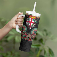 Fiji Coat of Arms Traditional Dashiki Tumbler With Handle Tapa Art and Palm Leaves Pattern Black Color - Polynesian Pride