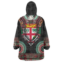 Fiji Coat of Arms Traditional Dashiki Wearable Blanket Hoodie Tapa Art and Palm Leaves Pattern Black Color - Polynesian Pride