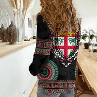 Fiji Coat of Arms Traditional Dashiki Women Casual Shirt Tapa Art and Palm Leaves Pattern Black Color LT03 - Polynesian Pride