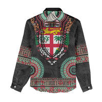 Fiji Coat of Arms Traditional Dashiki Women Casual Shirt Tapa Art and Palm Leaves Pattern Black Color LT03 - Polynesian Pride