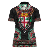 Fiji Coat of Arms Traditional Dashiki Women Polo Shirt Tapa Art and Palm Leaves Pattern Black Color - Polynesian Pride