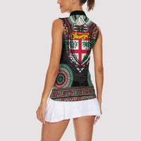Fiji Coat of Arms Traditional Dashiki Women Sleeveless Polo Shirt Tapa Art and Palm Leaves Pattern Black Color - Polynesian Pride