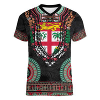 Fiji Coat of Arms Traditional Dashiki Women V-Neck T-Shirt Tapa Art and Palm Leaves Pattern Black Color - Polynesian Pride