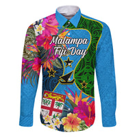 Malampa Fiji Day Family Matching Long Sleeve Bodycon Dress and Hawaiian Shirt Tropical Plants Mix Polynesian and Tapa Pattern LT03 Dad's Shirt - Long Sleeve Blue - Polynesian Pride