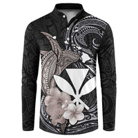 Hawaiian Whale and Kanaka Maoli Symbol Button Sweatshirt Hibiscus with Hawaii Map and Polynesian Tattoo Grayscale Color