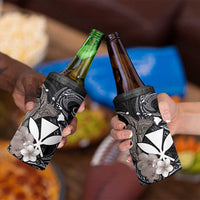 Hawaiian Whale and Kanaka Maoli Symbol 4 in 1 Can Cooler Tumbler Hibiscus with Hawaii Map and Polynesian Tattoo Grayscale Color