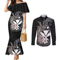 Hawaiian Whale and Kanaka Maoli Symbol Couples Matching Mermaid Dress and Long Sleeve Button Shirt Hibiscus with Hawaii Map and Polynesian Tattoo Grayscale Color