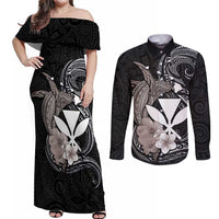 Hawaiian Whale and Kanaka Maoli Symbol Couples Matching Off Shoulder Maxi Dress and Long Sleeve Button Shirt Hibiscus with Hawaii Map and Polynesian Tattoo Grayscale Color