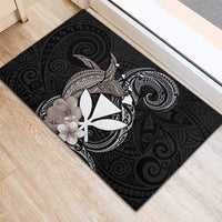 Hawaiian Whale and Kanaka Maoli Symbol Rubber Doormat Hibiscus with Hawaii Map and Polynesian Tattoo Grayscale Color