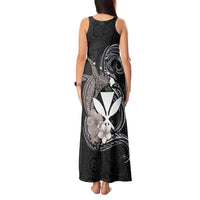 Hawaiian Whale and Kanaka Maoli Symbol Tank Maxi Dress Hibiscus with Hawaii Map and Polynesian Tattoo Grayscale Color