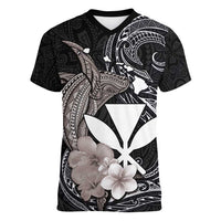 Hawaiian Whale and Kanaka Maoli Symbol Women V-Neck T-Shirt Hibiscus with Hawaii Map and Polynesian Tattoo Grayscale Color