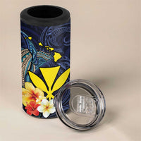 Hawaiian Whale and Kanaka Maoli Symbol 4 in 1 Can Cooler Tumbler Hibiscus with Hawaii Map and Polynesian Tattoo Deep Sea Color