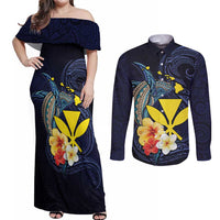 Hawaiian Whale and Kanaka Maoli Symbol Couples Matching Off Shoulder Maxi Dress and Long Sleeve Button Shirt Hibiscus with Hawaii Map and Polynesian Tattoo Deep Sea Color