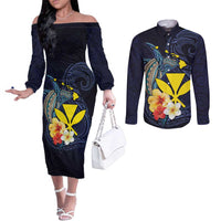 Hawaiian Whale and Kanaka Maoli Symbol Couples Matching Off The Shoulder Long Sleeve Dress and Long Sleeve Button Shirt Hibiscus with Hawaii Map and Polynesian Tattoo Deep Sea Color