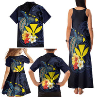 Hawaiian Whale and Kanaka Maoli Symbol Family Matching Tank Maxi Dress and Hawaiian Shirt Hibiscus with Hawaii Map and Polynesian Tattoo Deep Sea Color