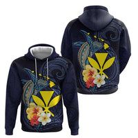 Hawaiian Whale and Kanaka Maoli Symbol Hoodie Hibiscus with Hawaii Map and Polynesian Tattoo Deep Sea Color