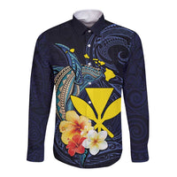 Hawaiian Whale and Kanaka Maoli Symbol Long Sleeve Button Shirt Hibiscus with Hawaii Map and Polynesian Tattoo Deep Sea Color LT03 Unisex Blue - Polynesian Pride