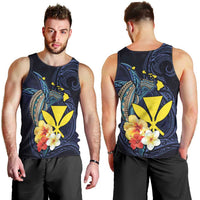 Hawaiian Whale and Kanaka Maoli Symbol Men Tank Top Hibiscus with Hawaii Map and Polynesian Tattoo Deep Sea Color