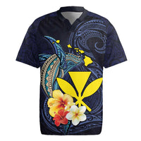 Hawaiian Whale and Kanaka Maoli Symbol Rugby Jersey Hibiscus with Hawaii Map and Polynesian Tattoo Deep Sea Color