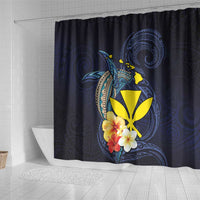 Hawaiian Whale and Kanaka Maoli Symbol Shower Curtain Hibiscus with Hawaii Map and Polynesian Tattoo Deep Sea Color