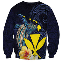 Hawaiian Whale and Kanaka Maoli Symbol Sweatshirt Hibiscus with Hawaii Map and Polynesian Tattoo Deep Sea Color