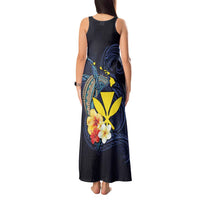 Hawaiian Whale and Kanaka Maoli Symbol Tank Maxi Dress Hibiscus with Hawaii Map and Polynesian Tattoo Deep Sea Color