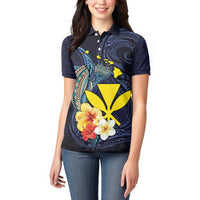 Hawaiian Whale and Kanaka Maoli Symbol Women Polo Shirt Hibiscus with Hawaii Map and Polynesian Tattoo Deep Sea Color